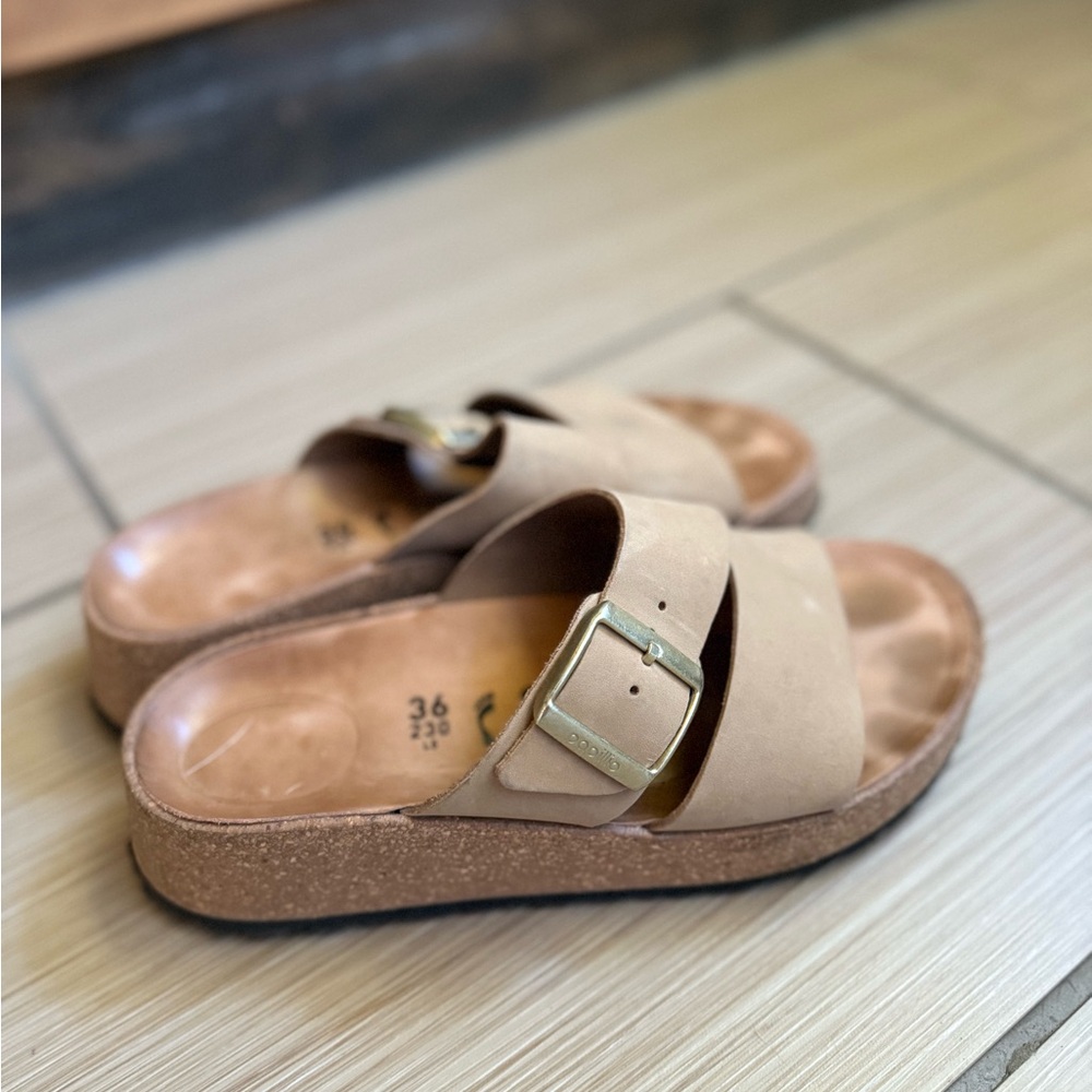 Birkenstock Almina Beige Slide Sandals with Buckle